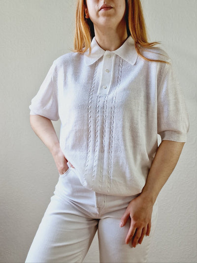 Vintage White Polo Style Short Sleeve Knit Top with Collared Neck - M