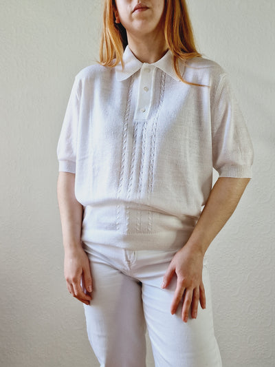 Vintage White Polo Style Short Sleeve Knit Top with Collared Neck - M