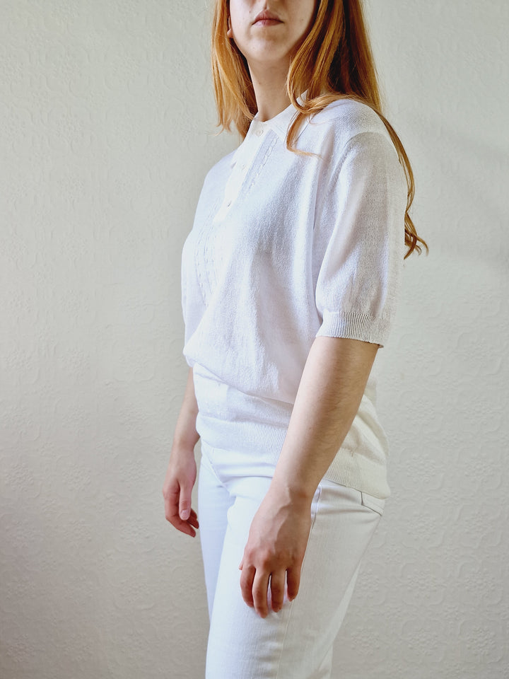 Vintage White Polo Style Short Sleeve Knit Top with Collared Neck - M