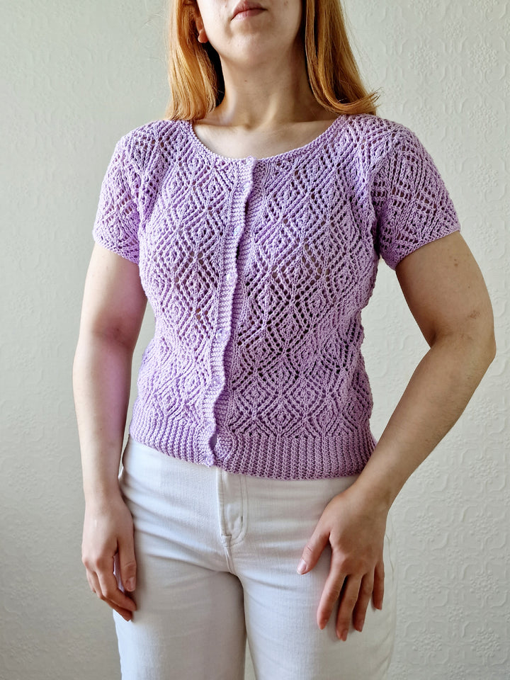 Vintage 80s Mauve Purple Crochet Jumper Top with Short Sleeves - XS