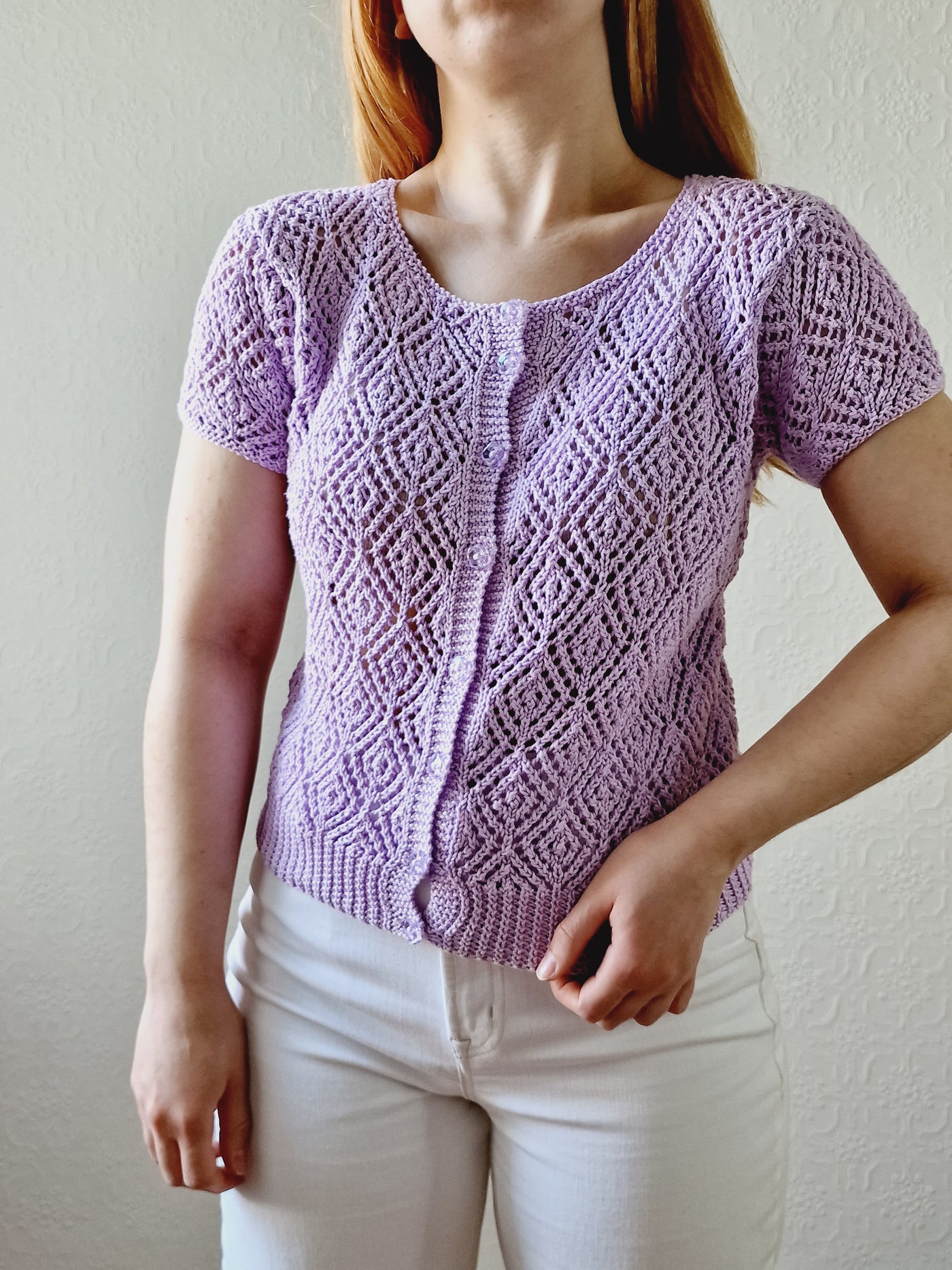 Vintage 80s Mauve Purple Crochet Jumper Top with Short Sleeves - XS