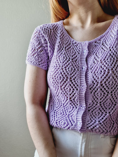 Vintage 80s Mauve Purple Crochet Jumper Top with Short Sleeves - XS