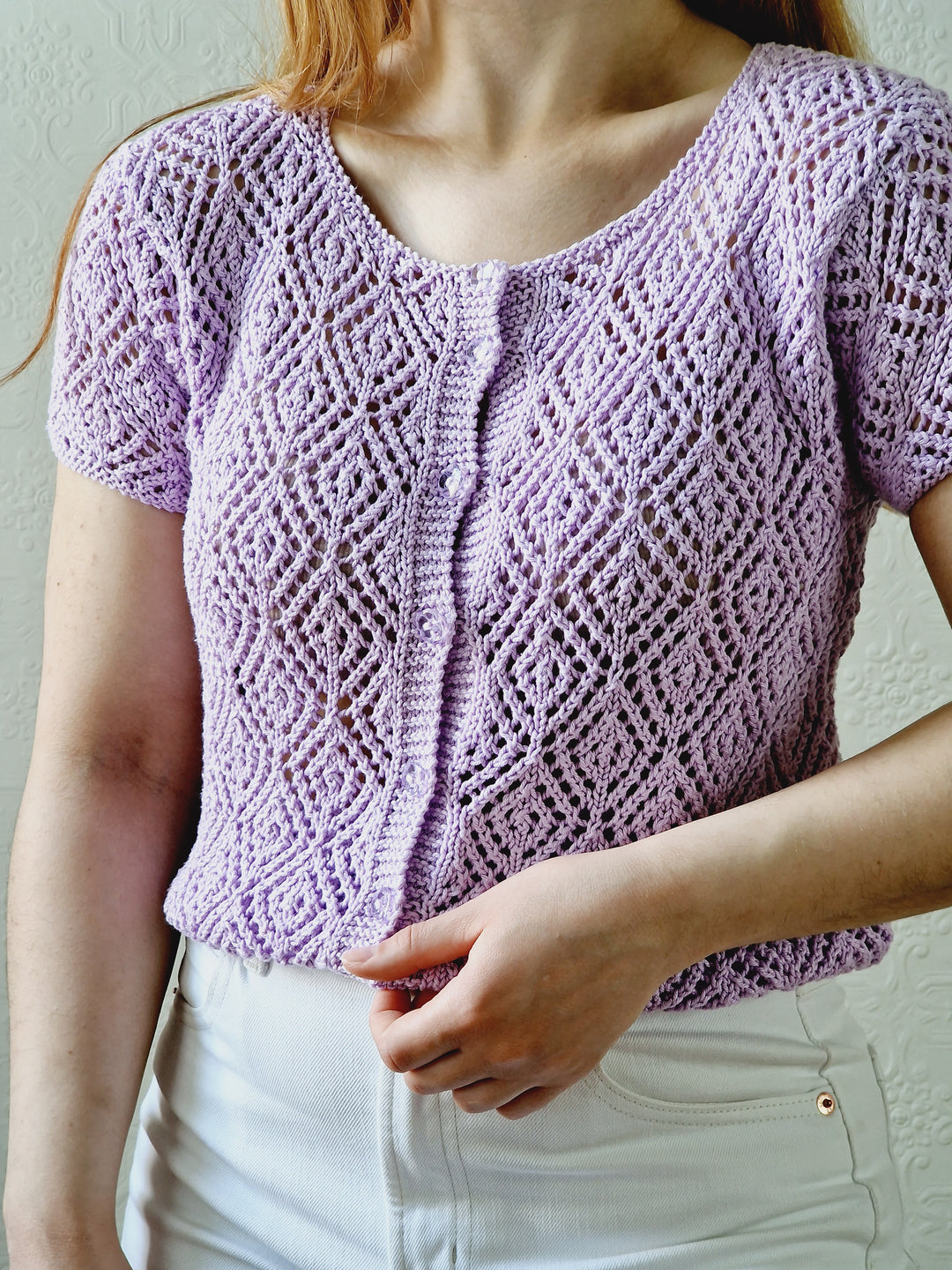 Vintage 80s Mauve Purple Crochet Jumper Top with Short Sleeves - XS