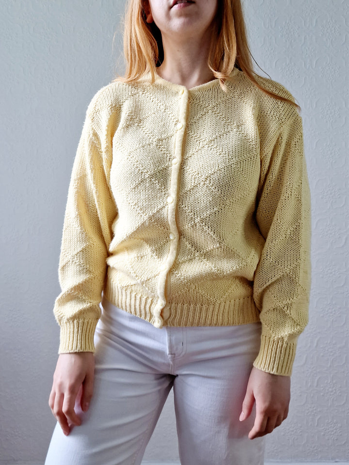 Vintage Light Yellow Cotton Knitted Crew Neck Cardigan - S/M