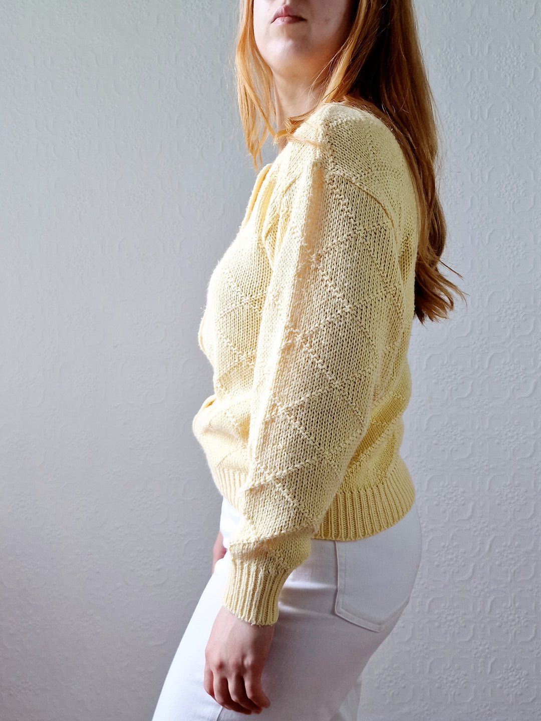 Vintage Light Yellow Cotton Knitted Crew Neck Cardigan - S/M