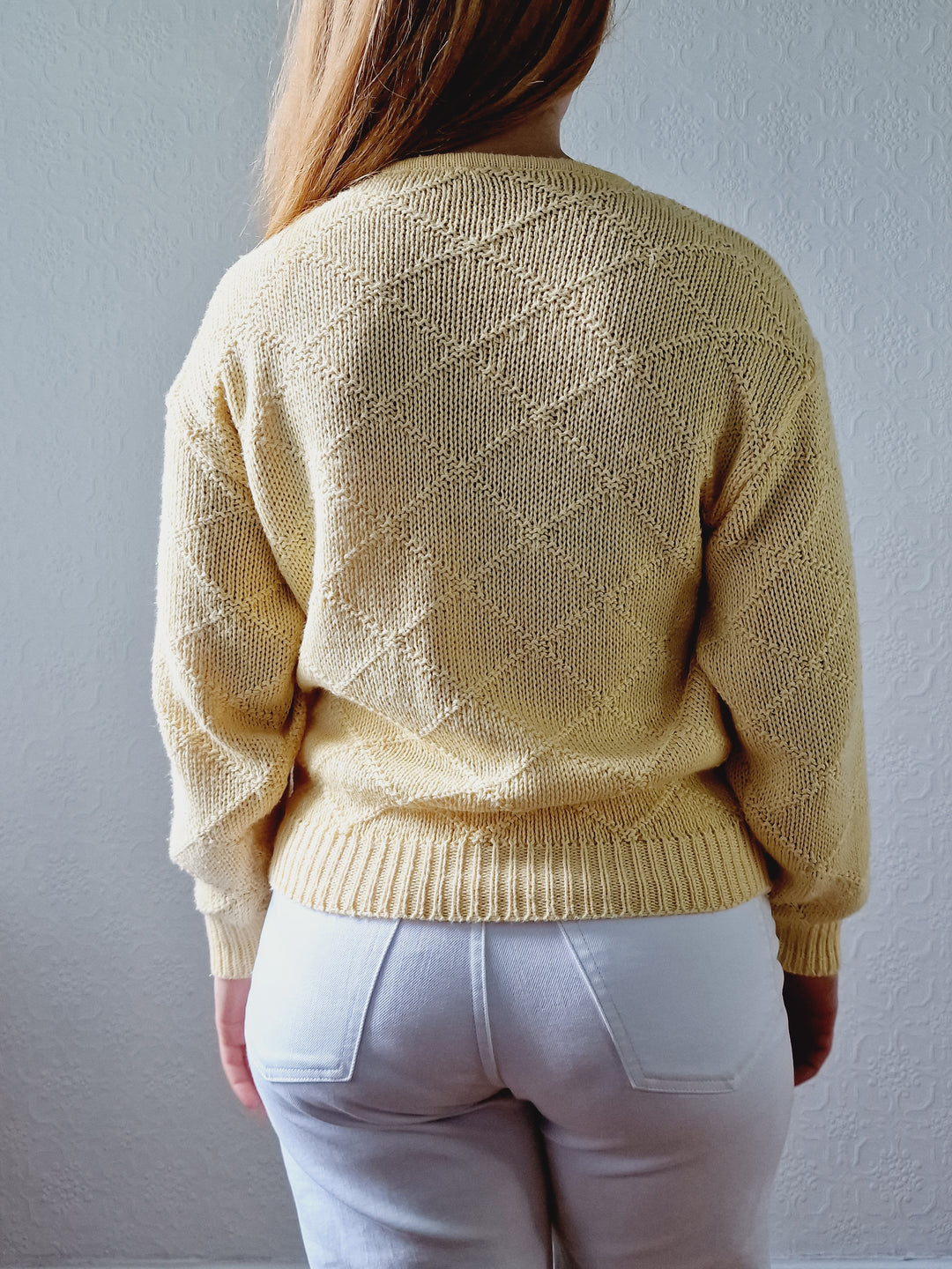 Vintage Light Yellow Cotton Knitted Crew Neck Cardigan - S/M