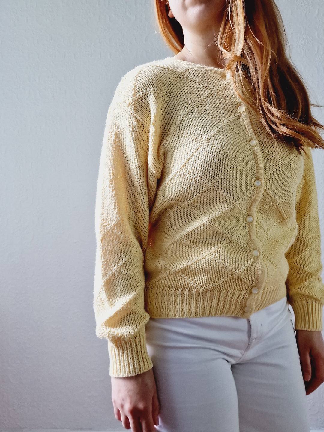 Vintage Light Yellow Cotton Knitted Crew Neck Cardigan - S/M