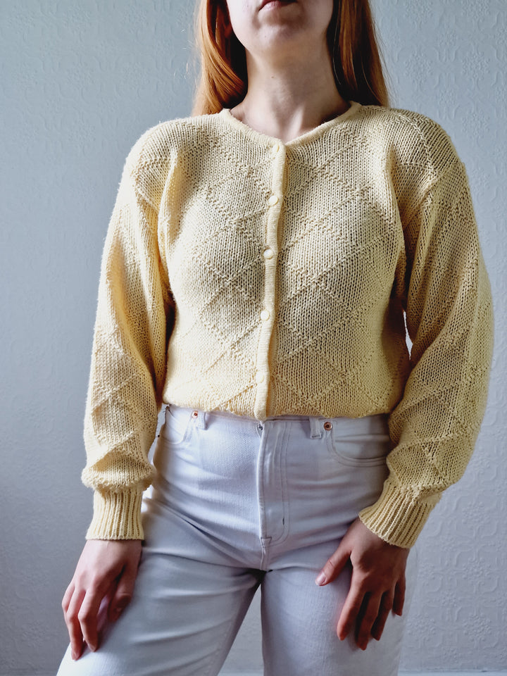 Vintage Light Yellow Cotton Knitted Crew Neck Cardigan - S/M