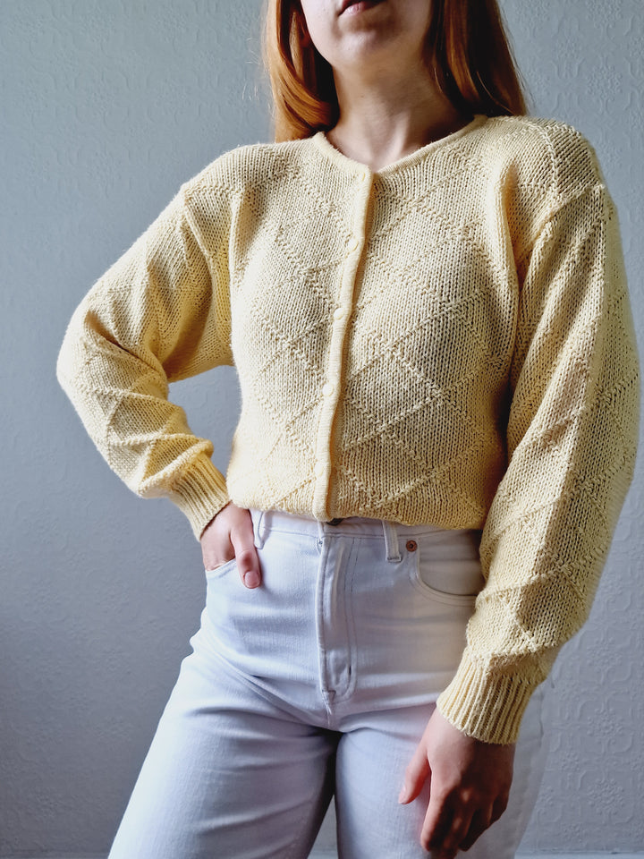 Vintage Light Yellow Cotton Knitted Crew Neck Cardigan - S/M