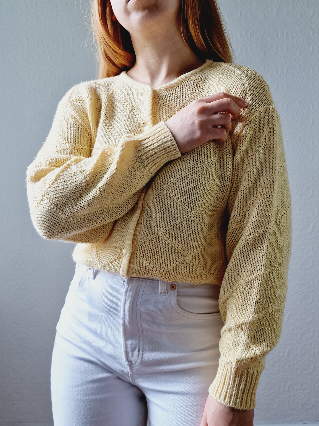 Vintage Light Yellow Cotton Knitted Crew Neck Cardigan - S/M