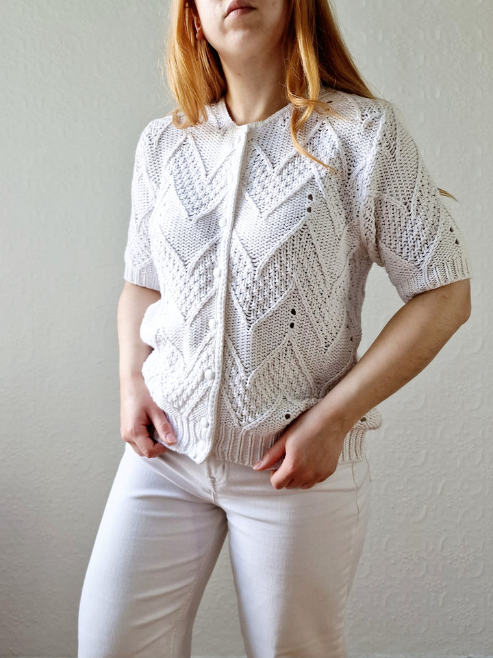 Vintage White Cotton Knitted Cardigan with Short Sleeves - M