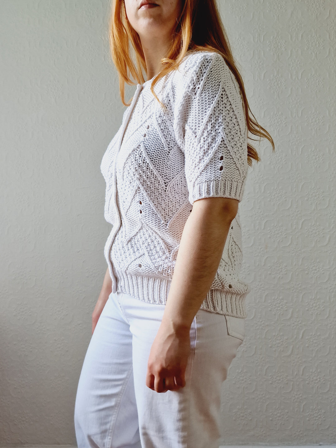 Vintage White Cotton Knitted Cardigan with Short Sleeves - M