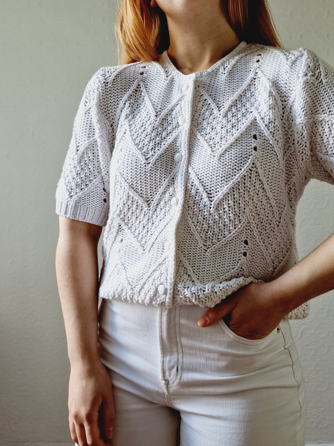 Vintage White Cotton Knitted Cardigan with Short Sleeves - M