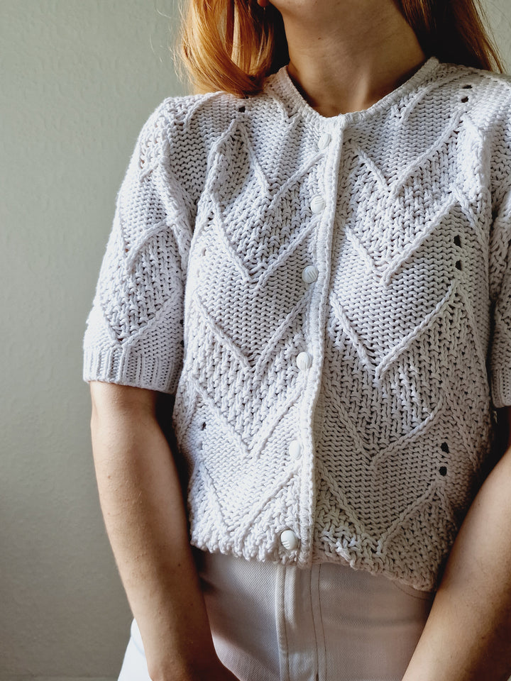 Vintage White Cotton Knitted Cardigan with Short Sleeves - M