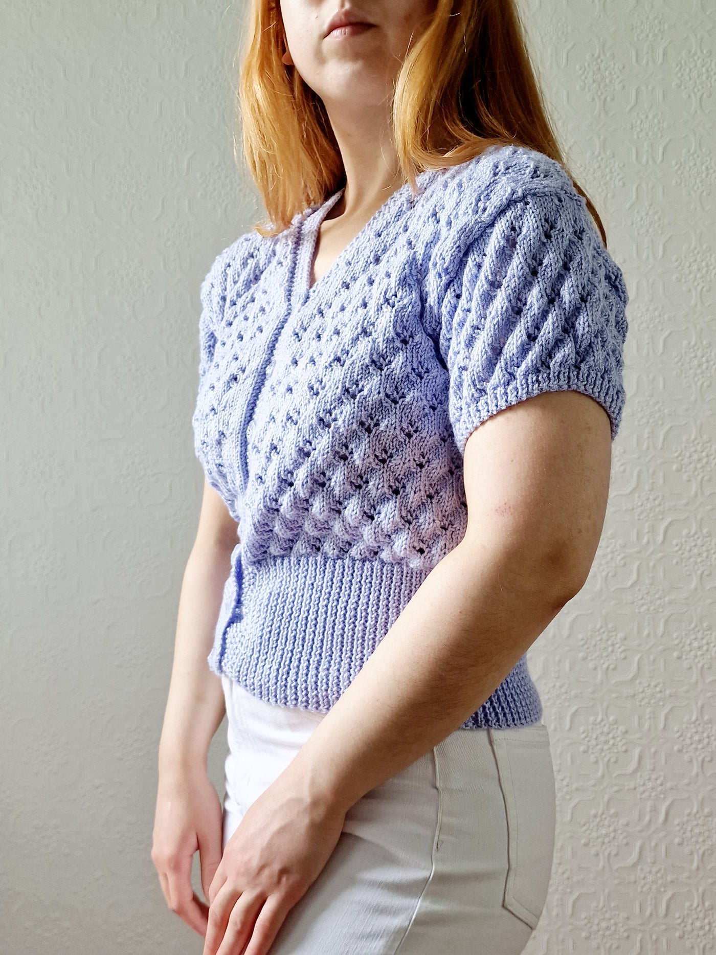 Vintage Purple Knitted Jumper Top with Short Sleeves - XS/S