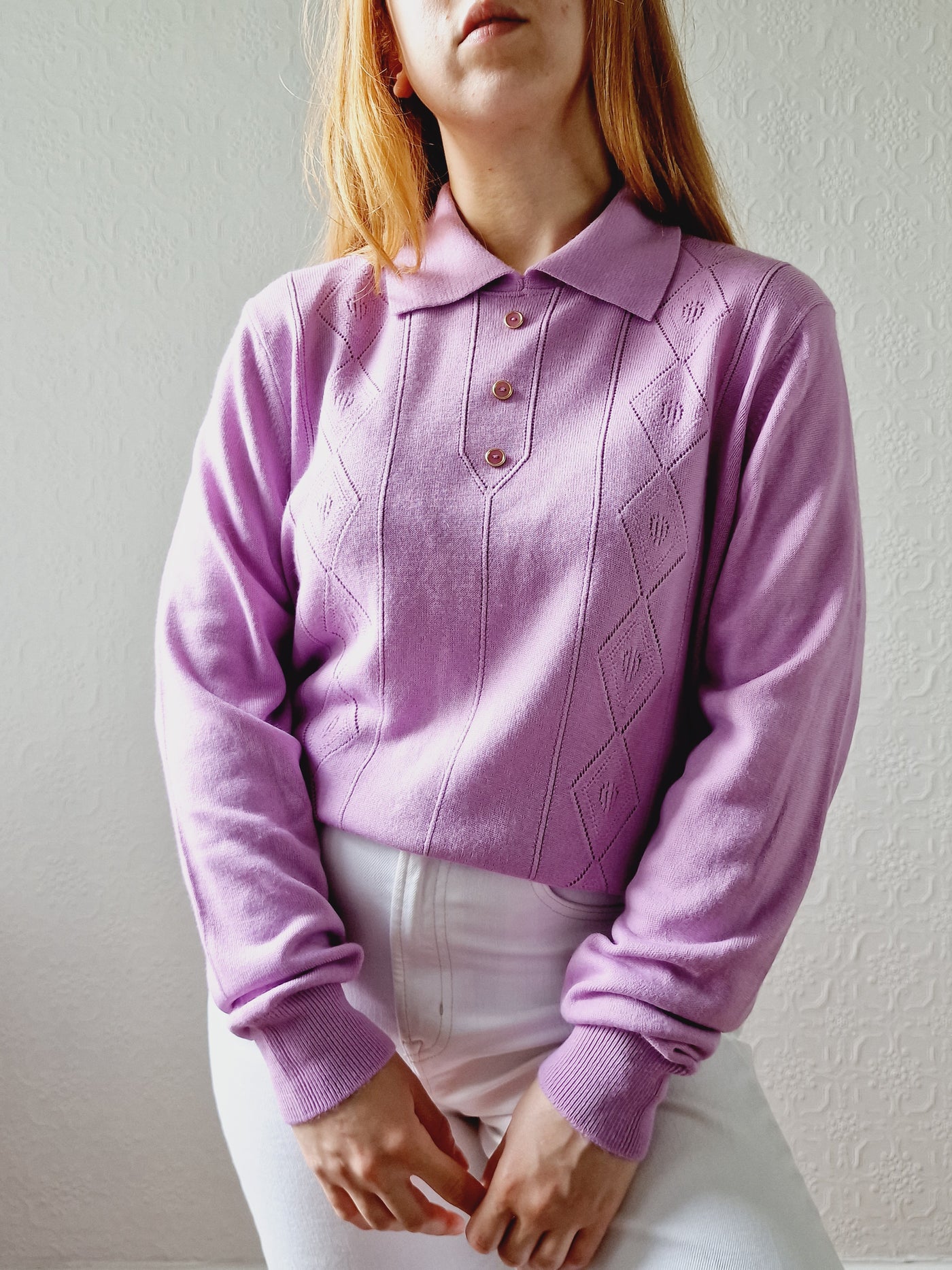 Vintage Mauve Polo Style Long Sleeve Knit Top with Collared Neck - M/L