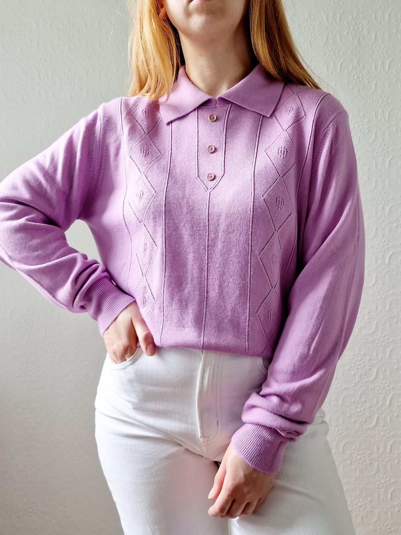 Vintage Mauve Polo Style Long Sleeve Knit Top with Collared Neck - M/L