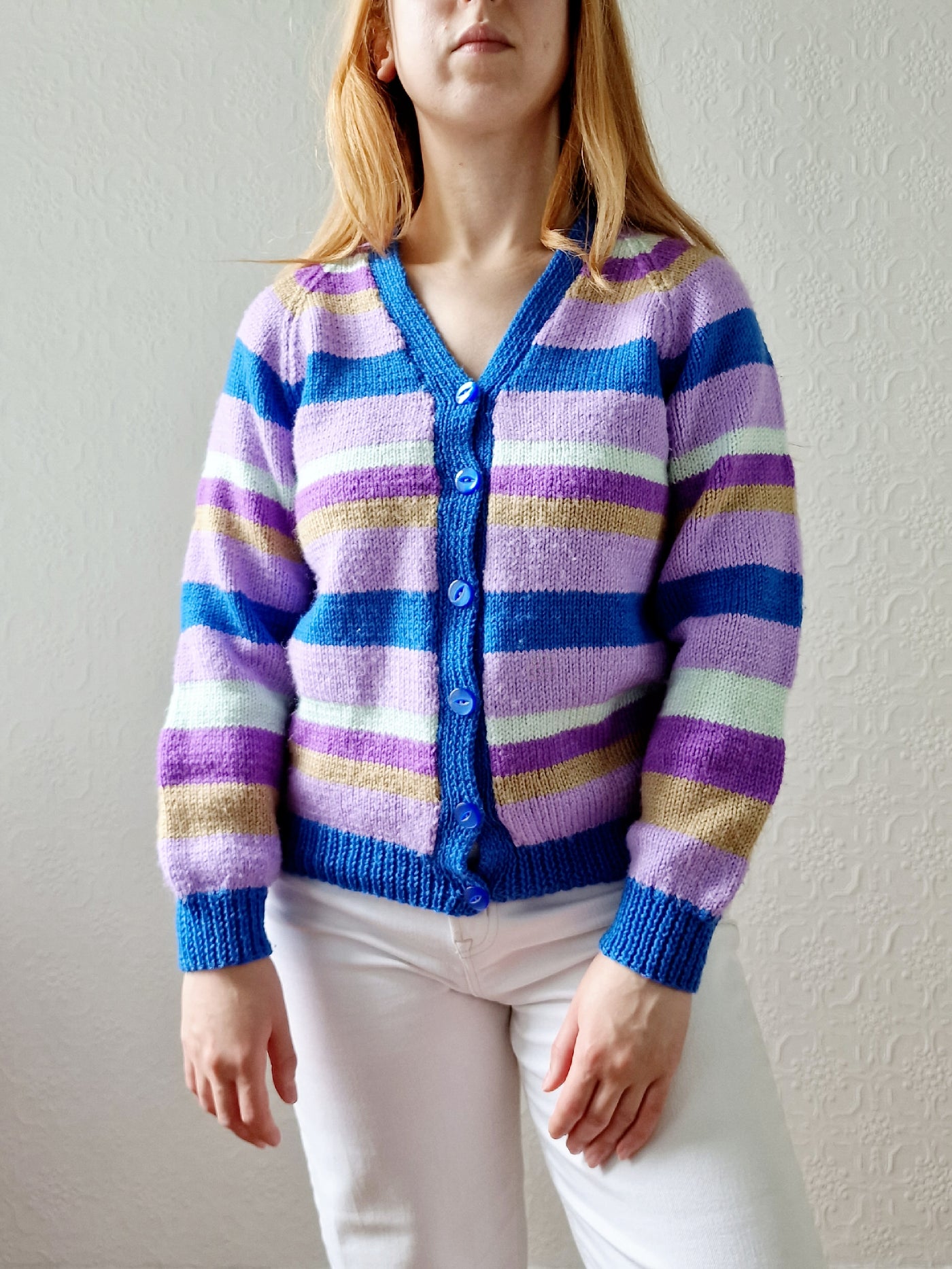 Vintage 80s Handknitted Multicolour Striped V-Neck Cardigan - S/M