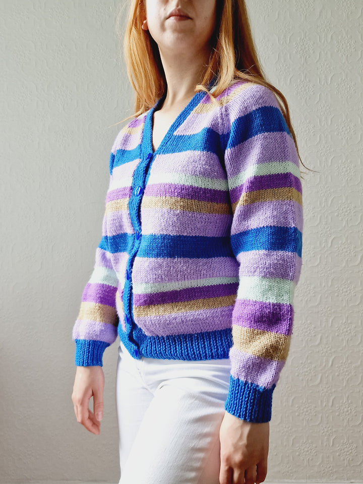 Vintage 80s Handknitted Multicolour Striped V-Neck Cardigan - S/M