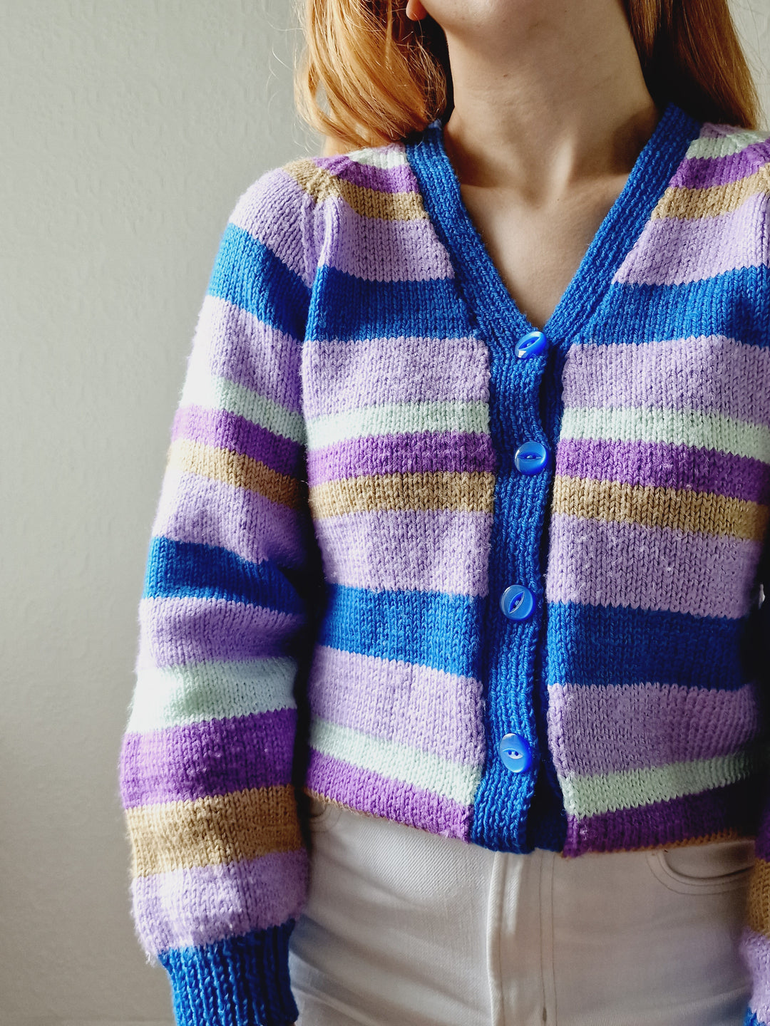 Vintage 80s Handknitted Multicolour Striped V-Neck Cardigan - S/M