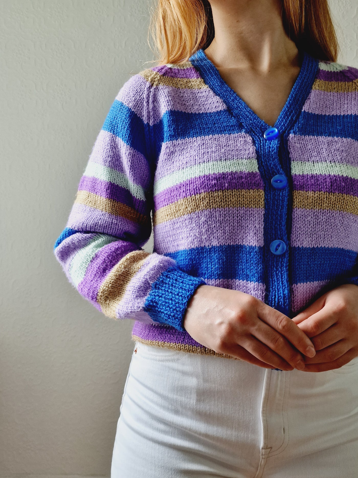 Vintage 80s Handknitted Multicolour Striped V-Neck Cardigan - S/M