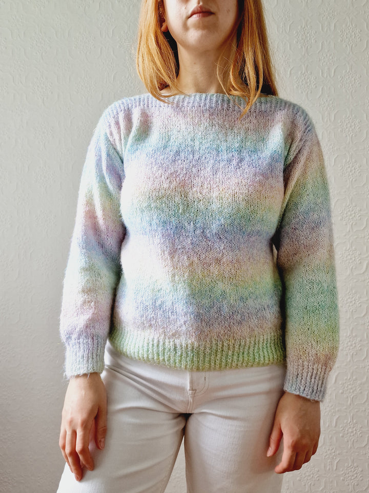 Vintage 80s Pastel Rainbow Handknitted Jumper with Boat Neck - S