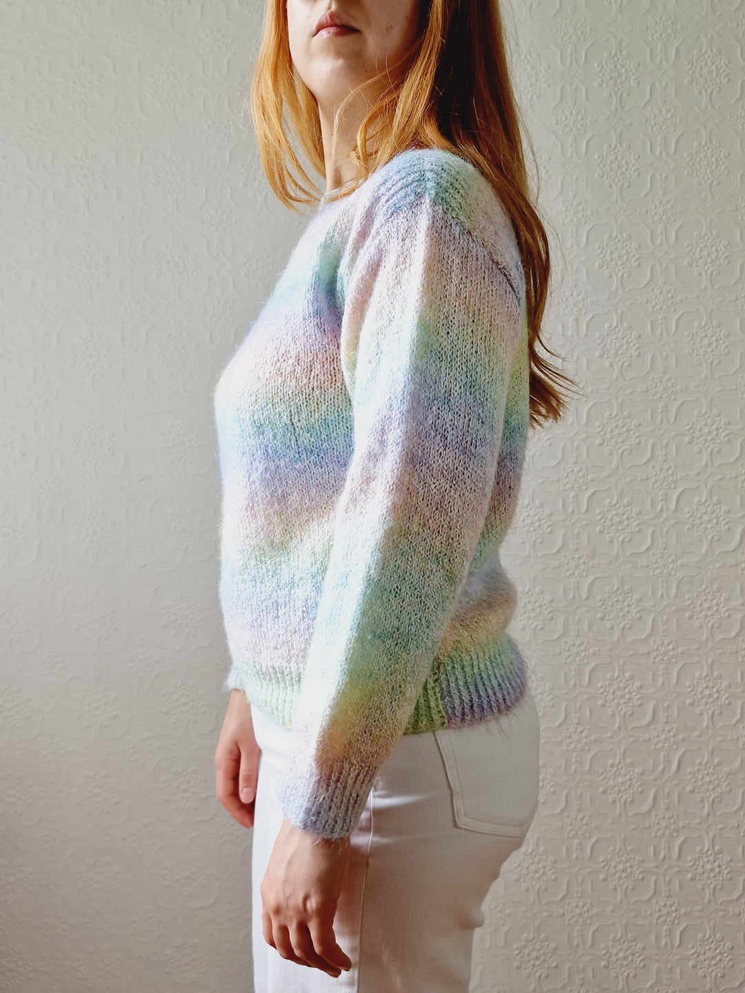 Vintage 80s Pastel Rainbow Handknitted Jumper with Boat Neck - S