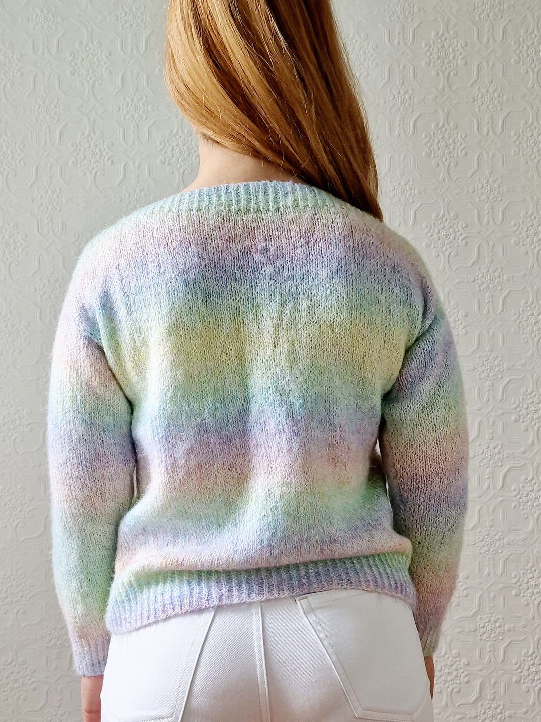 Vintage 80s Pastel Rainbow Handknitted Jumper with Boat Neck - S