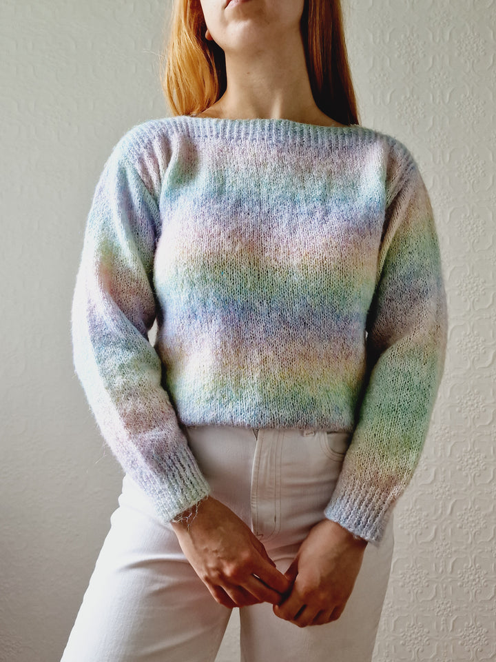 Vintage 80s Pastel Rainbow Handknitted Jumper with Boat Neck - S