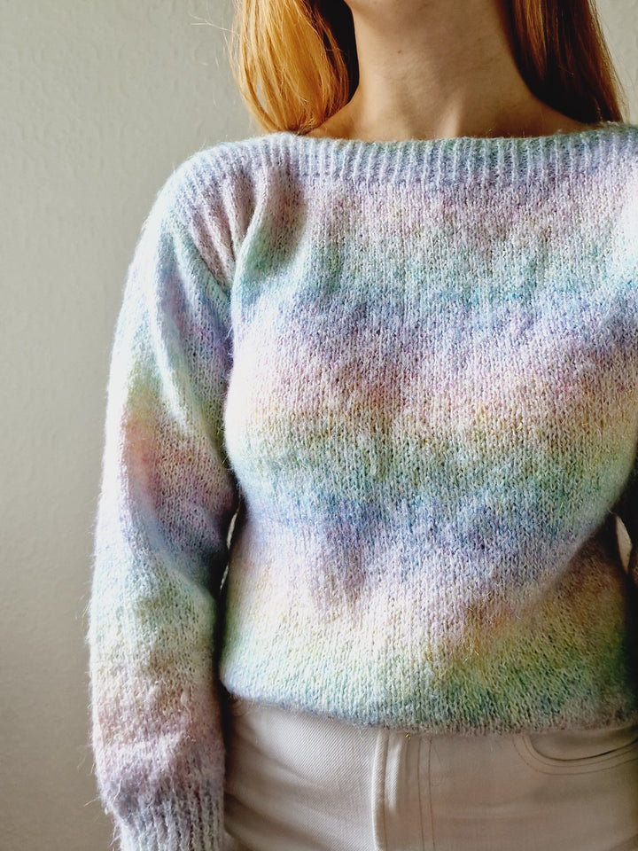 Vintage 80s Pastel Rainbow Handknitted Jumper with Boat Neck - S