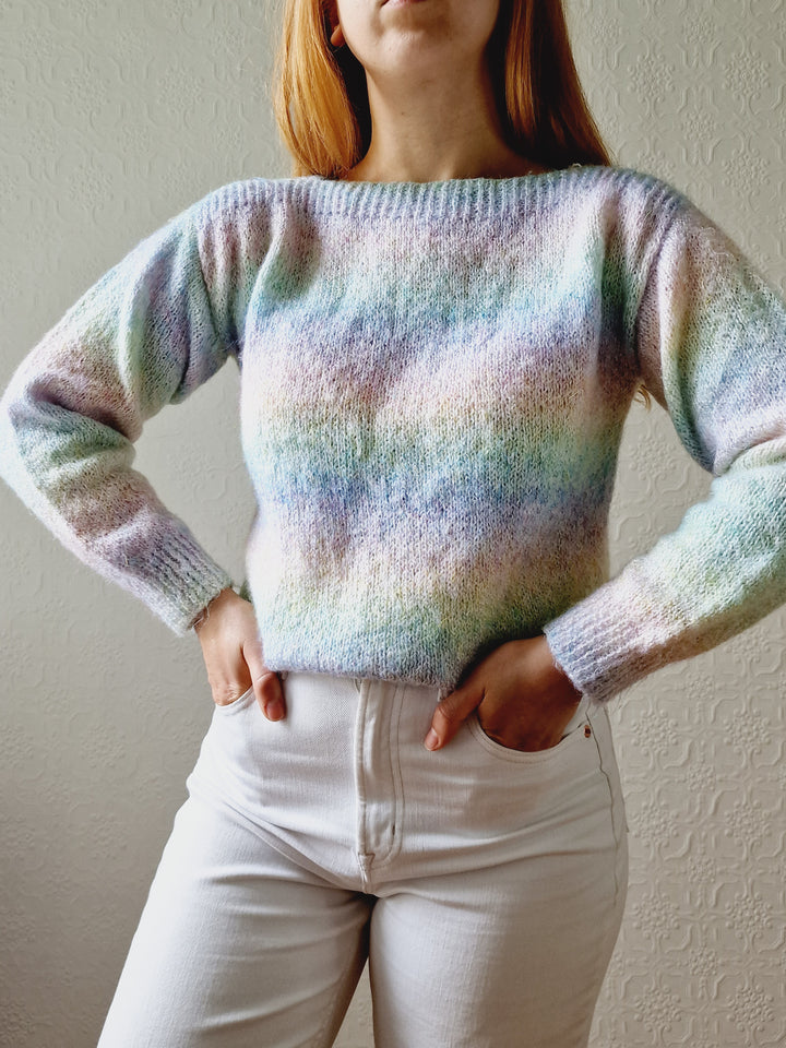 Vintage 80s Pastel Rainbow Handknitted Jumper with Boat Neck - S