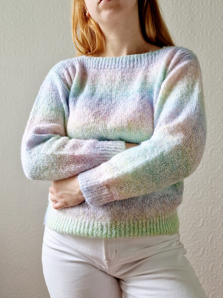 Vintage 80s Pastel Rainbow Handknitted Jumper with Boat Neck - S