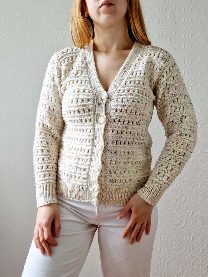 Vintage Handknitted Cream V-Neck Cardigan with Multicoloured Flecks - XS/S