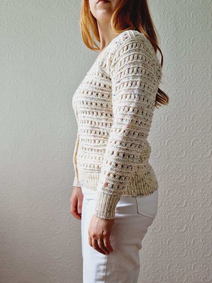 Vintage Handknitted Cream V-Neck Cardigan with Multicoloured Flecks - XS/S