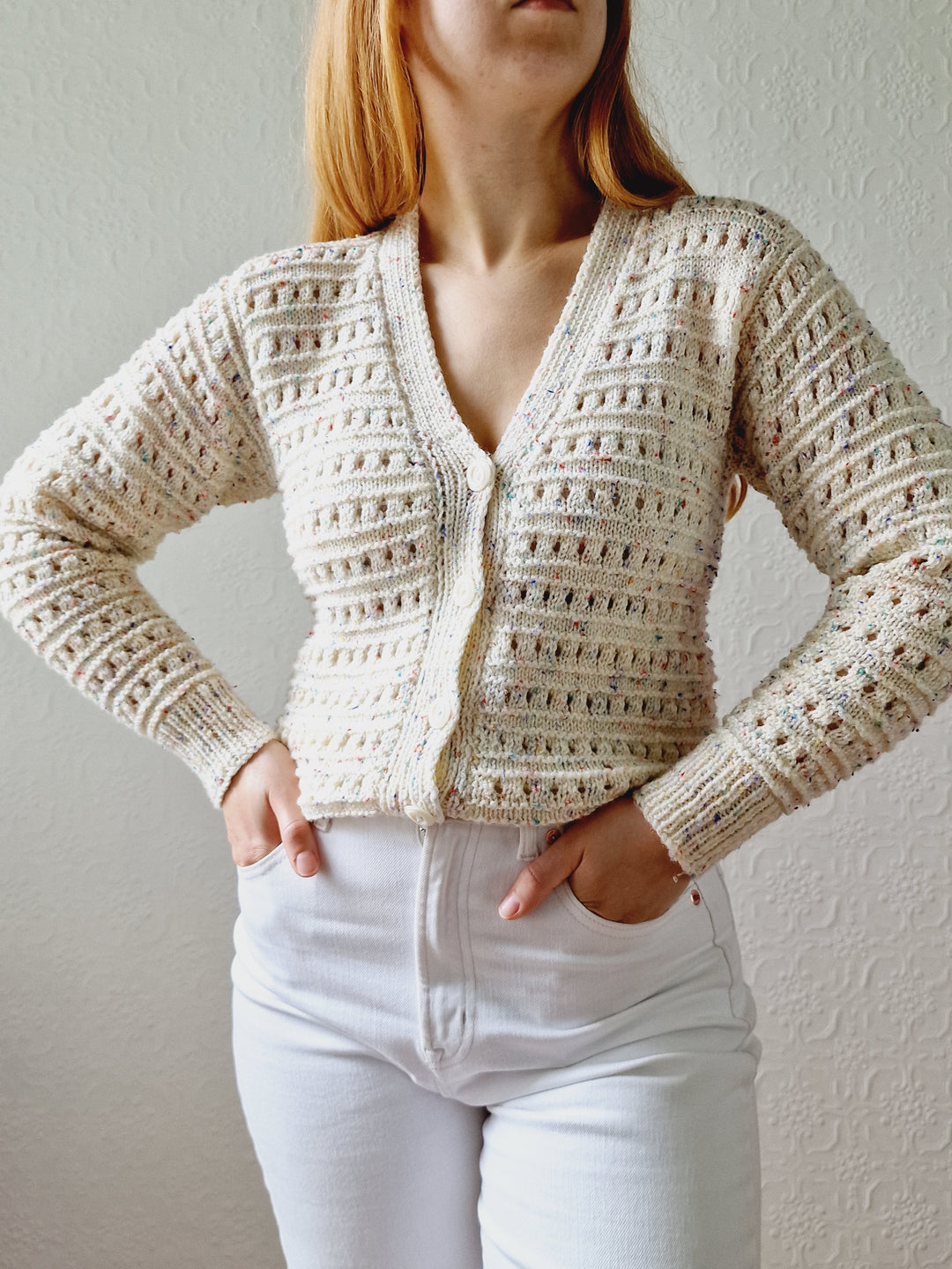 Vintage Handknitted Cream V-Neck Cardigan with Multicoloured Flecks - XS/S