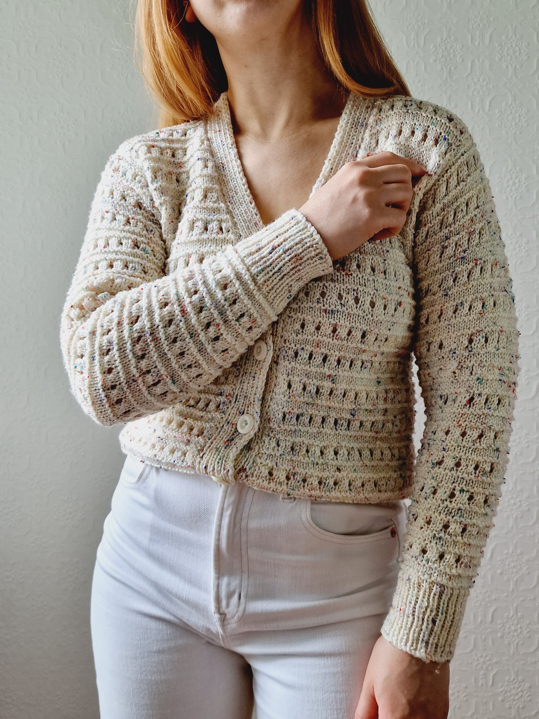 Vintage Handknitted Cream V-Neck Cardigan with Multicoloured Flecks - XS/S