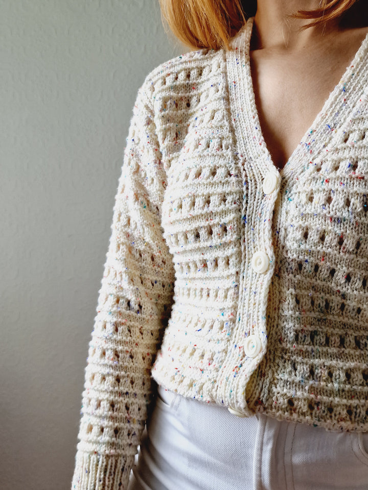 Vintage Handknitted Cream V-Neck Cardigan with Multicoloured Flecks - XS/S