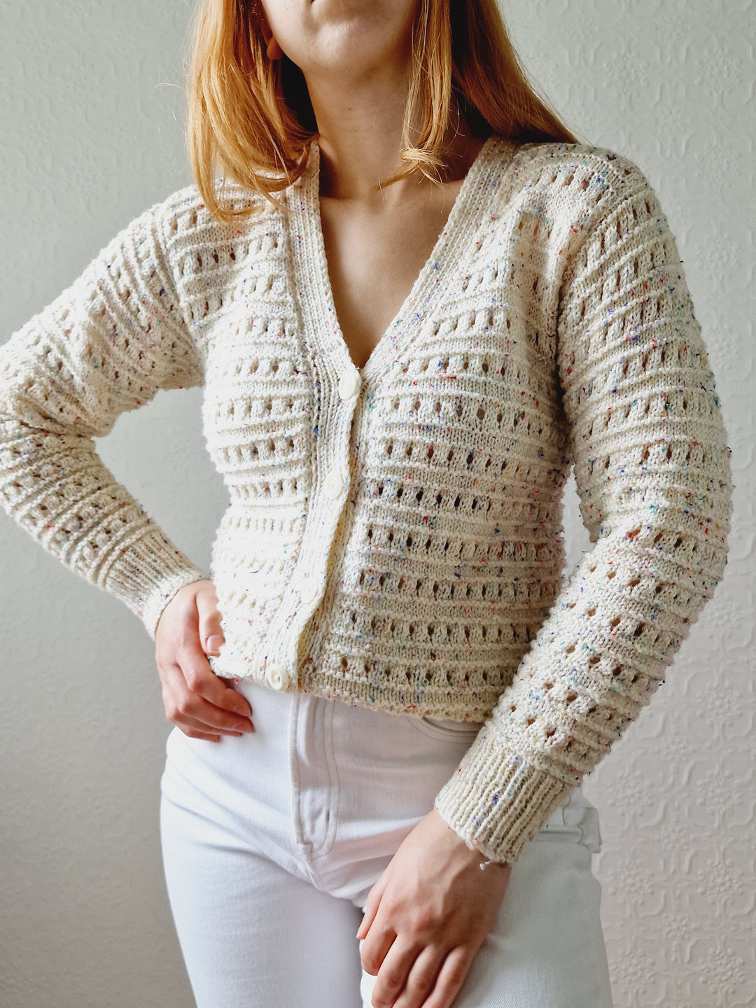 Vintage Handknitted Cream V-Neck Cardigan with Multicoloured Flecks - XS/S