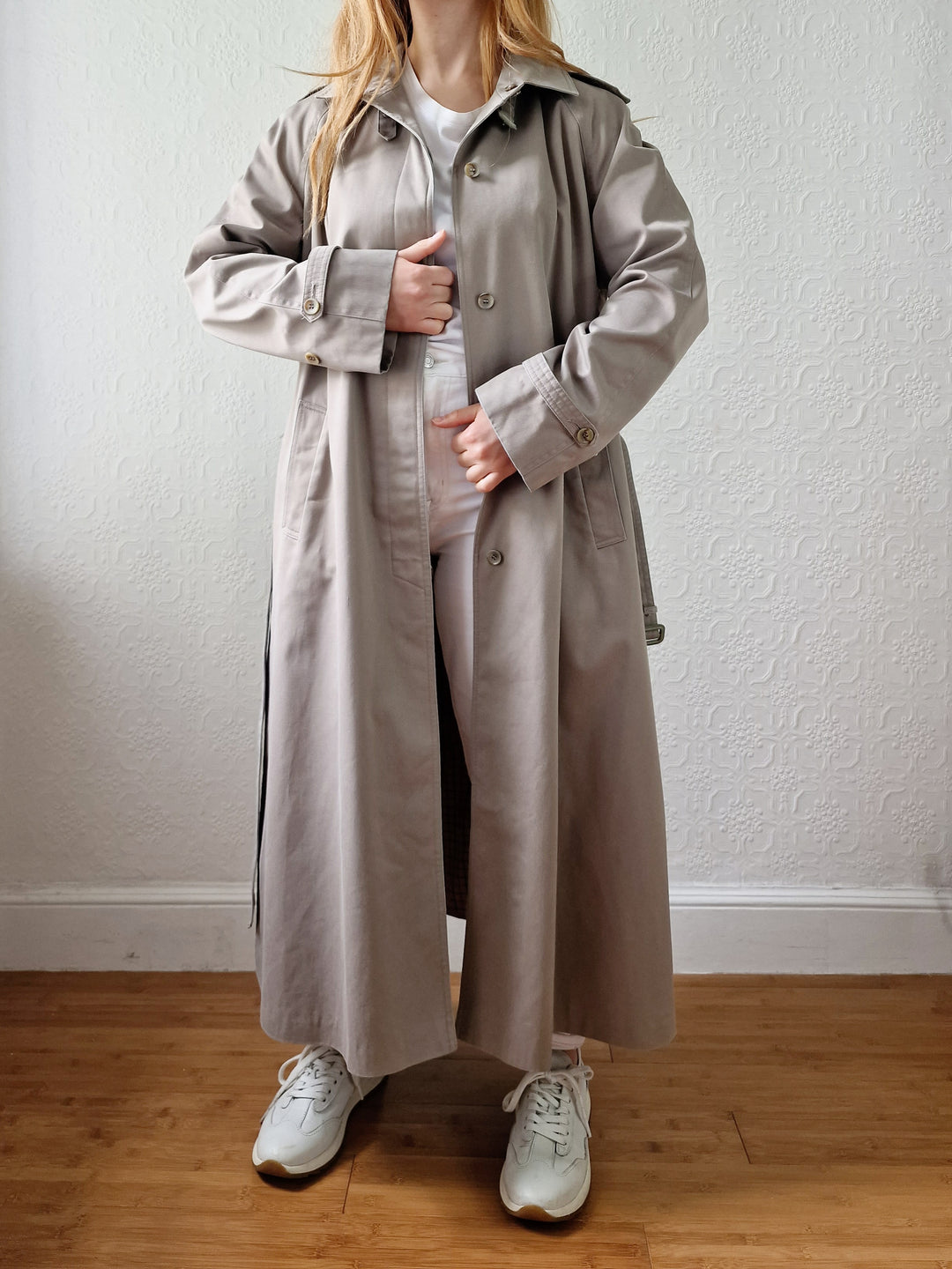 Vintage Grey Beige Single Breasted Trench Coat with Belt by Dannimac - S/M