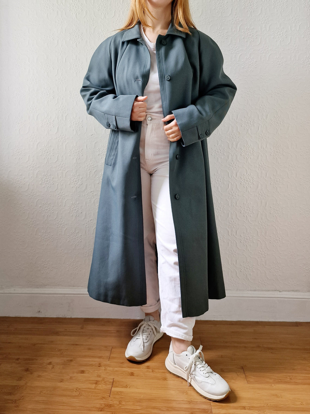 Vintage Muted Green Single Breasted Medium Length Trench Coat with Removable Lining - M/L