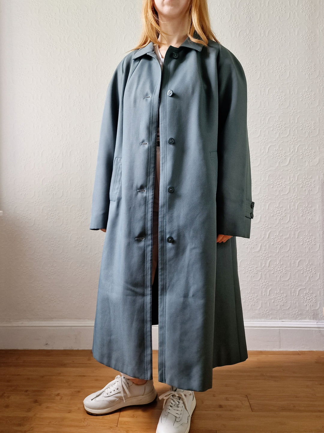 Vintage Muted Green Single Breasted Medium Length Trench Coat with Removable Lining - M/L