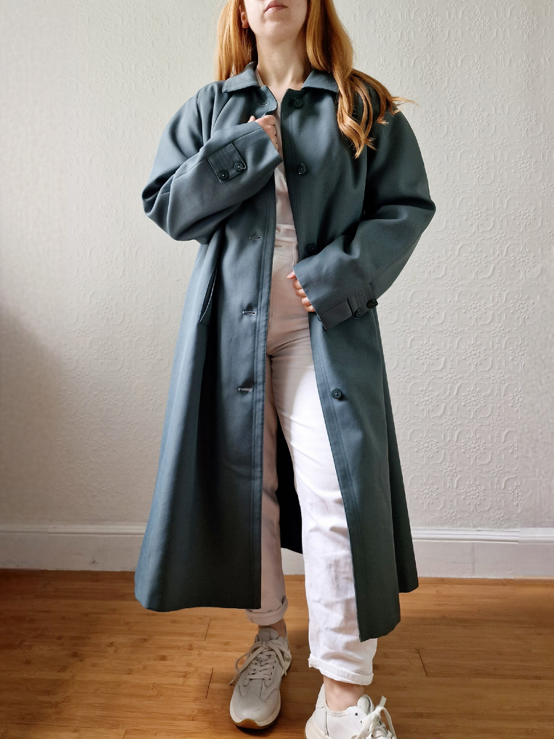 Vintage Muted Green Single Breasted Medium Length Trench Coat with Removable Lining - M/L