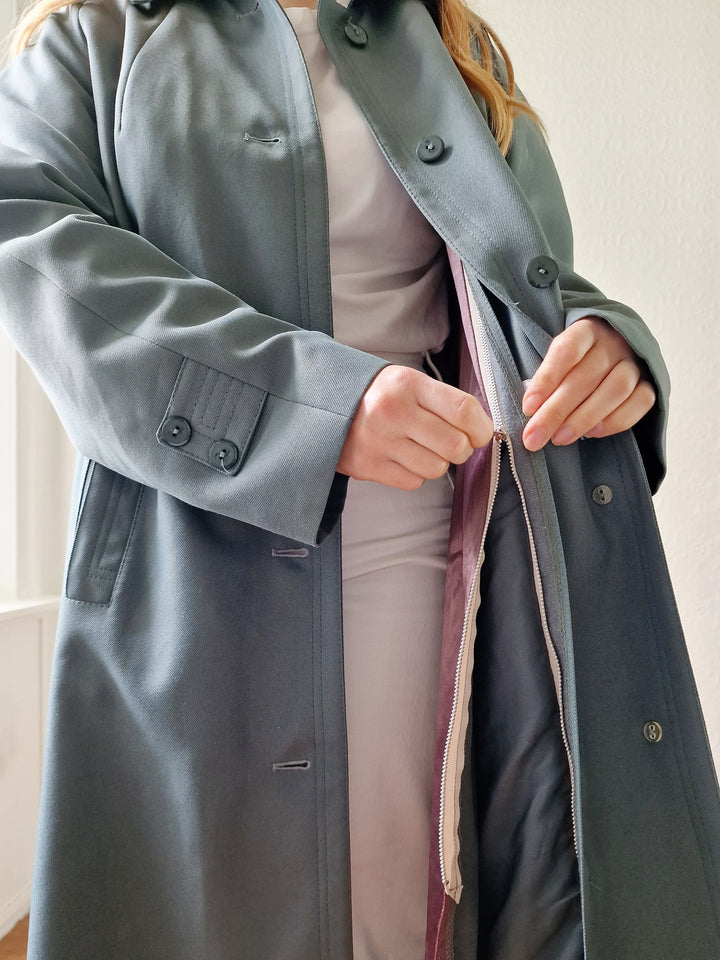 Vintage Muted Green Single Breasted Medium Length Trench Coat with Removable Lining - M/L