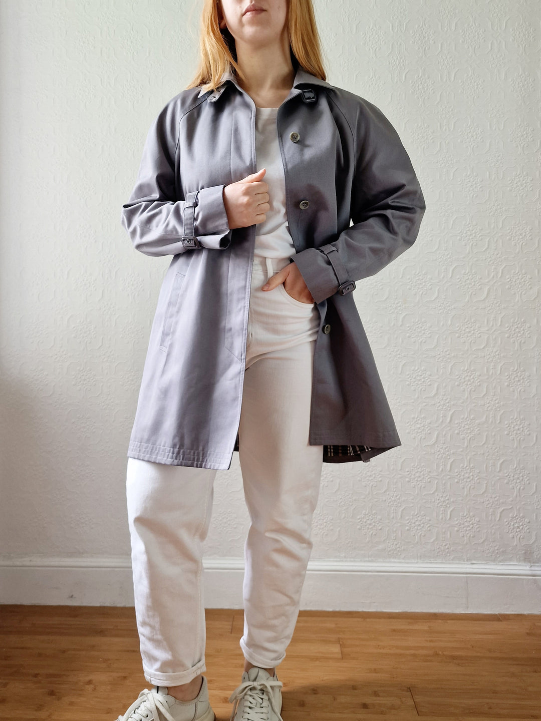 Vintage Grey Single Breasted Medium Length Trench Coat by Dannimac - M