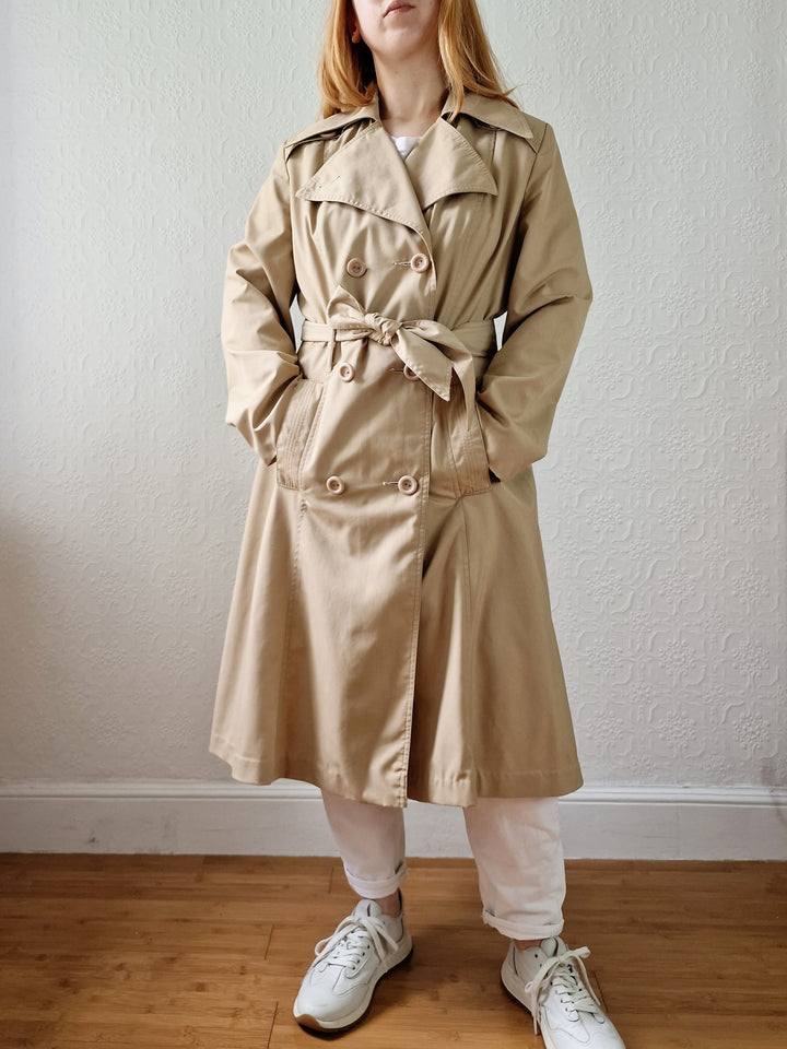 Vintage 70s Camel Double Breasted A-Line Trench Coat - S