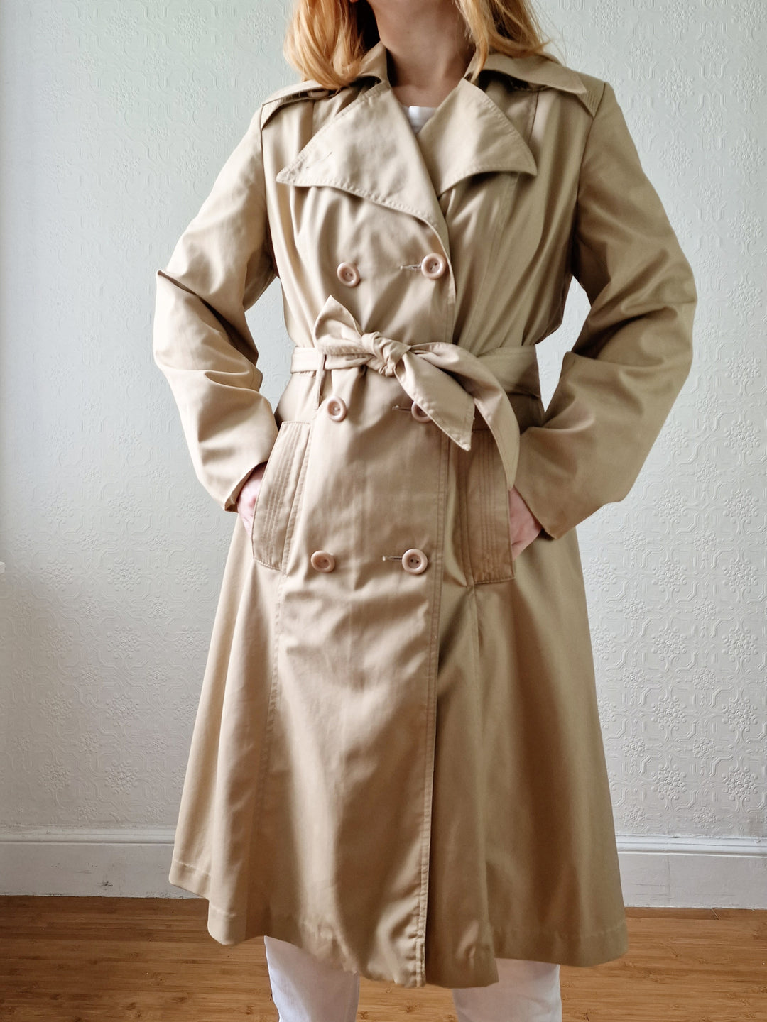 Vintage 70s Camel Double Breasted A-Line Trench Coat - S