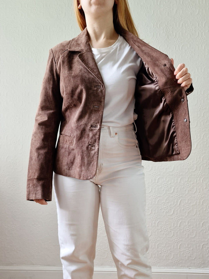 Vintage 90s Dark Brown Genuine Suede Leather Blazer Style Jacket - S