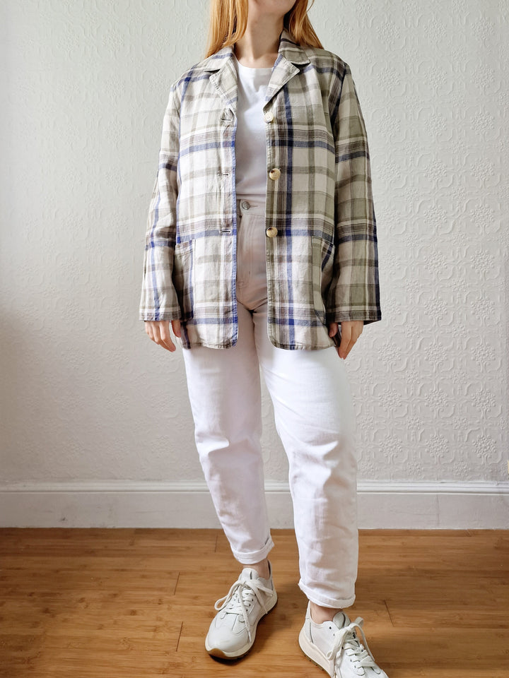 Vintage 90s Blue & Grey Checked Lightweight Linen Jacket - S/M