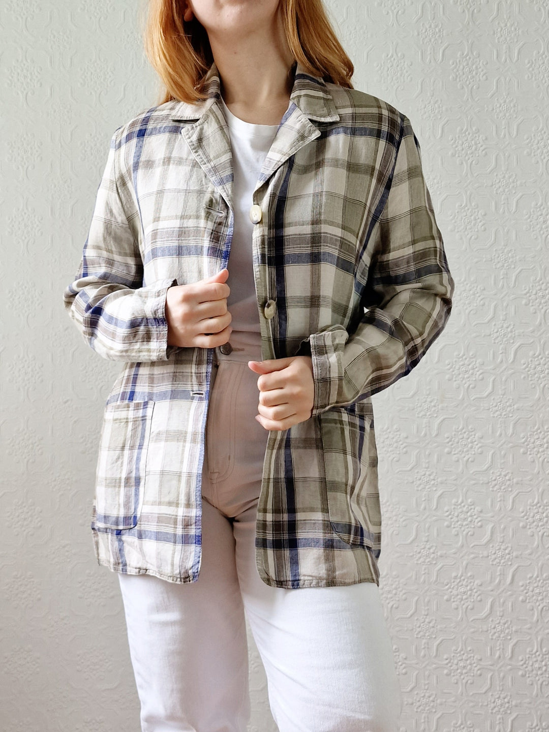 Vintage 90s Blue Grey Checked Lightweight Linen Jacket S/M