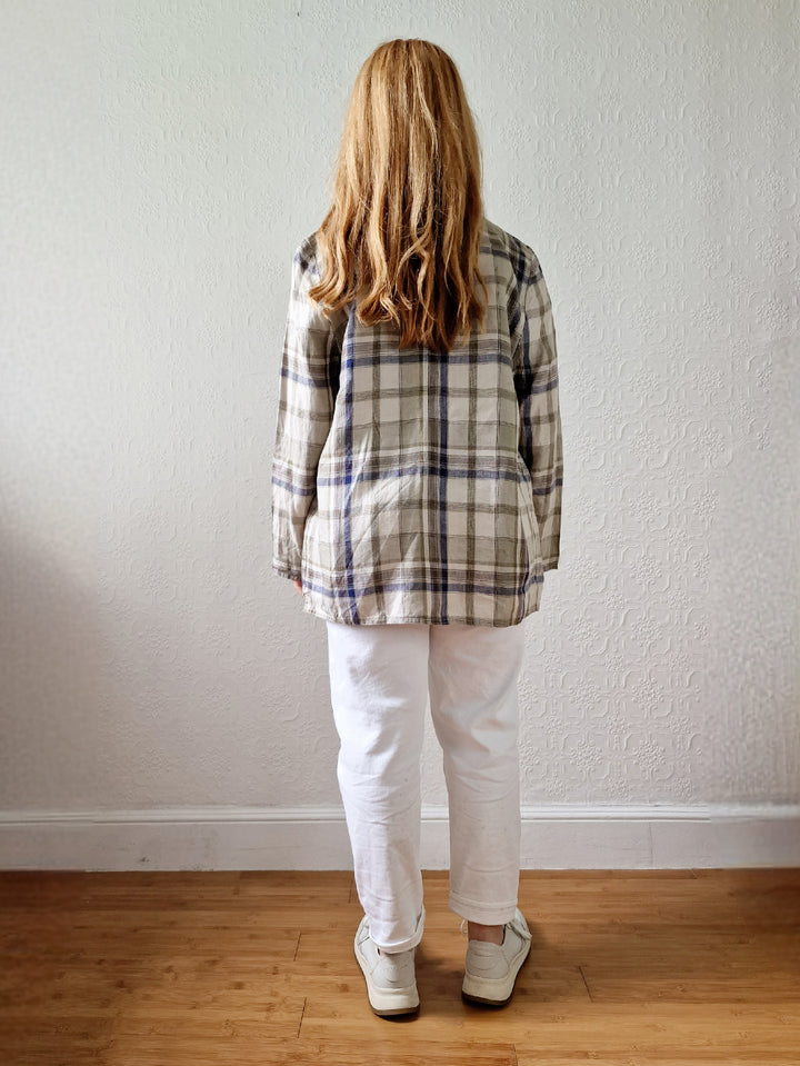 Vintage 90s Blue & Grey Checked Lightweight Linen Jacket - S/M